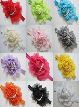 

12PCs per Set 12Colors Baby Girls Faux Pearls Rose Flower Chiffon Headband Handmade Free Shipping