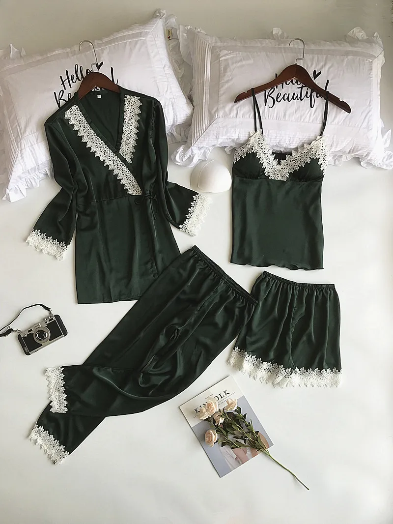 

Freshing Summer 4 Pcs Sexy Lace Robe Sets Nightdress+Cardigan+Pant Set Sexy Fashion Pajamas For Women
