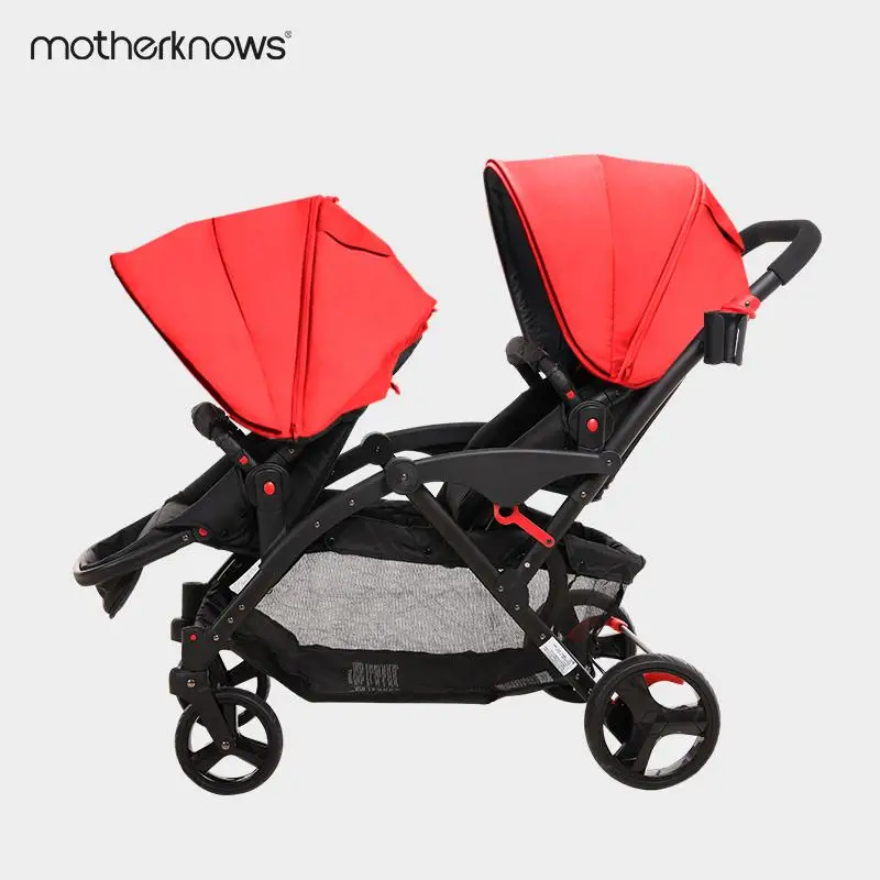 Motherknowows детская коляска-двойка может сидеть и лежать Съемная тележка высокий пейзаж складной мальчик и девочка - Цвет: Red