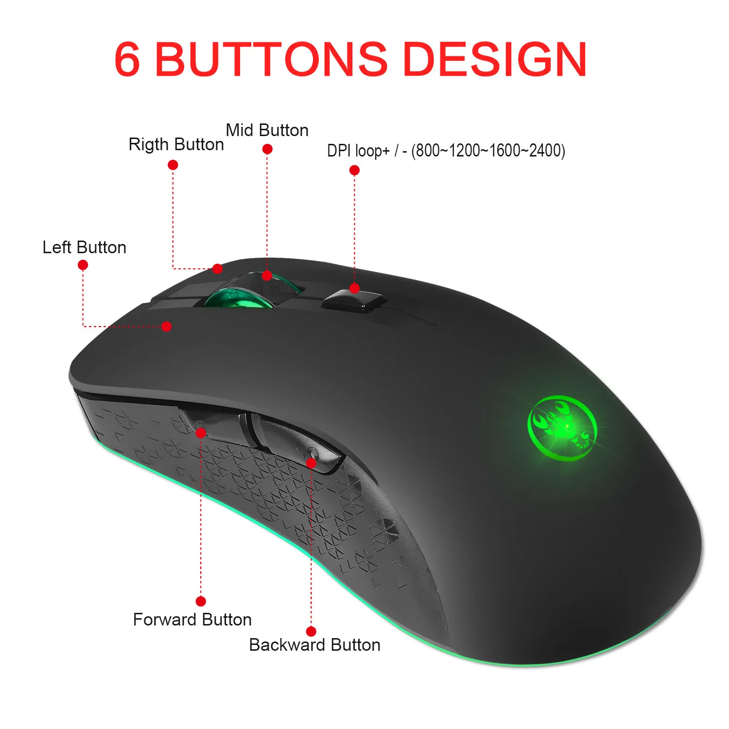 Беспроводная игровая мышь VOBERRY 2400 точек/дюйм регулируемая цветная светящаяся