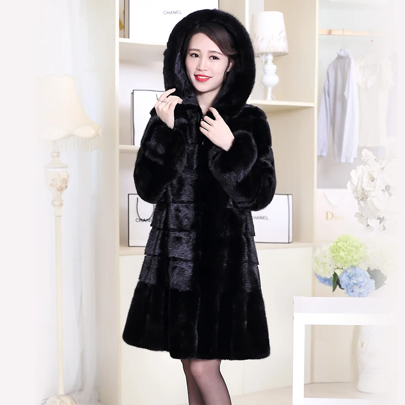 Black 6xl Taille Naturel 5xl Rayé Manches Fourrure Véritable Hiver Noir Réel 7xl Nerazzurri Capuchon Longues Grande De Outwear Manteau Femmes Vison À qHS1xOwZ