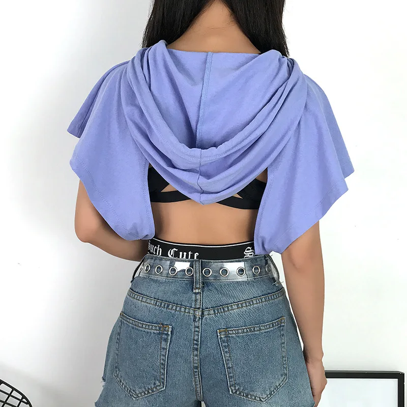 Summer Backless Hooded Cotton Loose Short Sleeve Oversize Letter Printed Patchwork Women Korean Summer Tops