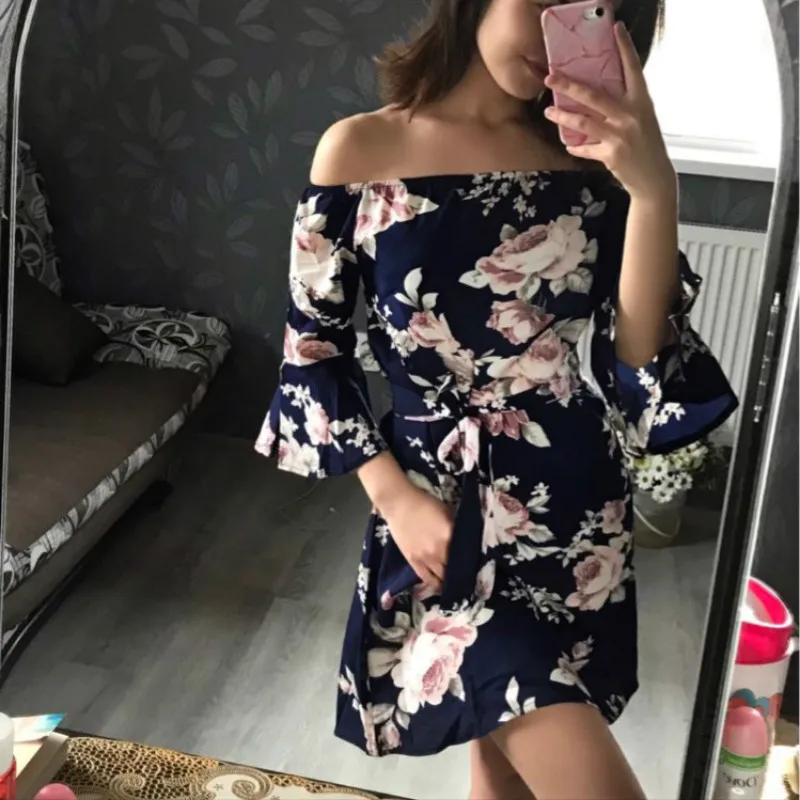 S-3XL женское летнее сексуальное шифоновое платье с открытыми плечами и цветочным принтом, Короткие вечерние платья в стиле бохо, Пляжные Платья Vestidos De Fiesta