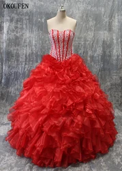 Quinceanera Dresses 2019 Red Ball Gown Silver Crystals Real Photos Ruffles vestido de 15 anos debutante Sweet 16 Dress ballkleid Quinceanera Dresses 2019 Red Ball Gown Silver Crystals Real Photos Ruffles vestido de 15 anos debutante Sweet 16 Dress ballkleid