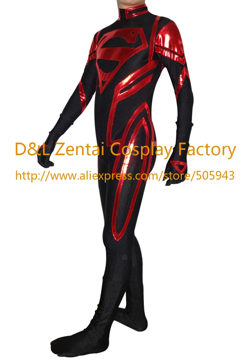 Free Shipping DHL Adult Black Lycra Red Shiny DC Comics Superman Superhero Costume Halloween Party