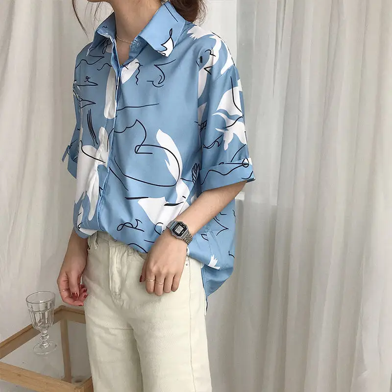 Korobov Harajuku Printing Blouse Korean Causal Shirt 2019 Summer Short Sleeve Turn-down Collar Shirts Woman Blusas Tops 35794