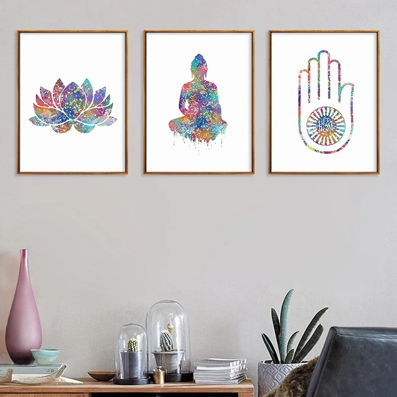 Abstract Watercolor Buddha Statue Colorful Lotus Canvas Painting Zen Painting Modern Home Living Room Decoration Wall Art