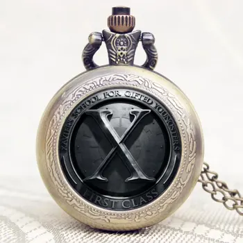 

New Design X-Men Theme Glass Dome Bronze Quartz Pendant Pocket Watch with Necklace Chain for Gift