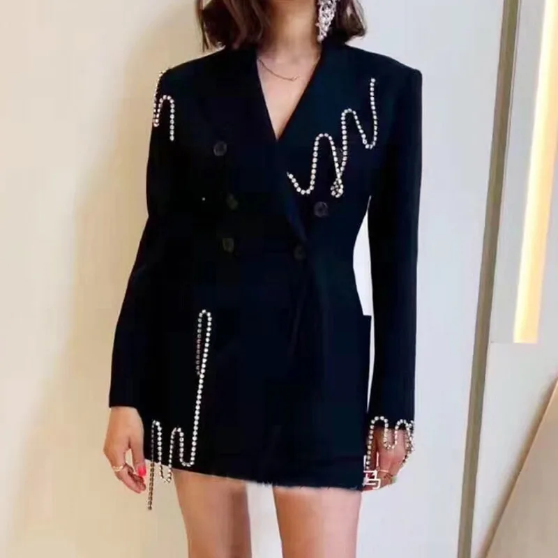 

LANMREM 2019 Autumn New Casual Fashion Temperament Women Loose Plus Solid Color Nail Drill Chain Suit Jacket Skirt Suit TC736