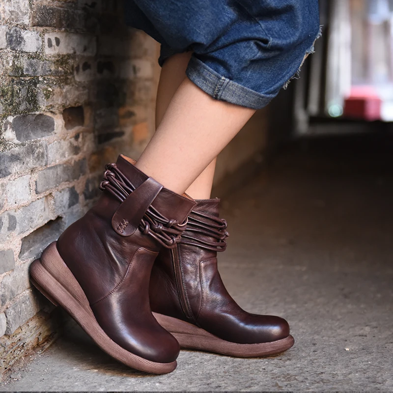 

Original 2016 Autumn New Retro Genuine Leather Boots Handmade Wedge High Heels Comfortable Casual Women Boots 1198-3