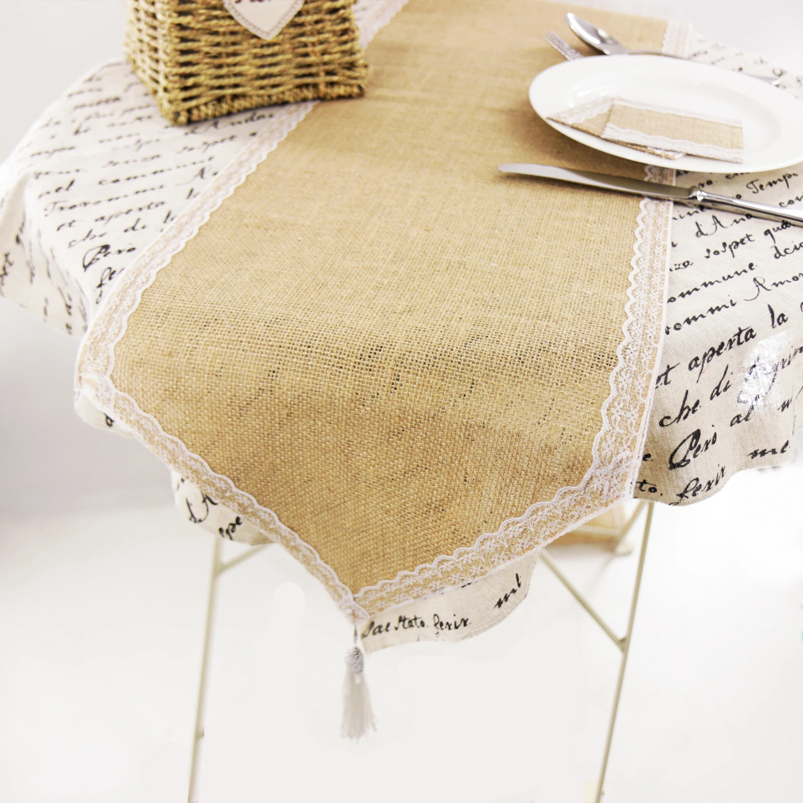 

Vintage Lace Burlap Table Runner Lace Placemat Hessian Jute Country Party Imitated Linen Tablecloth Wedding Banquet Home Decor