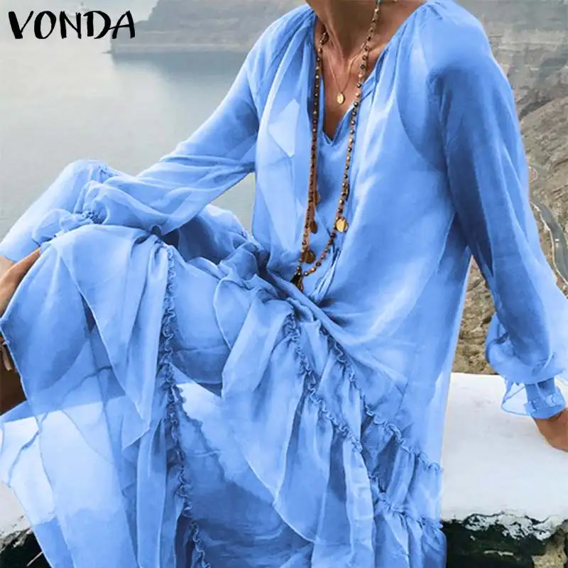 VONDA, макси платье для беременных, Robe Boheme Femme, сексуальное пляжное длинное платье, 5XL, элегантное однотонное пляжное платье размера плюс