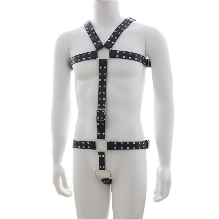 Male Studded Leather Chest & Waist Harness Fetish Wear Set with Metal Crotch Ring Body Building Macho Play Costume