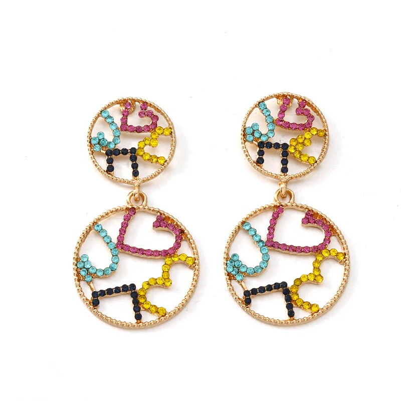 

Personality Dangle Earrings Fashion Color Round Alloy Set Irregular Heart Crystals Geometry Cutout Earrings for Women Bohemian