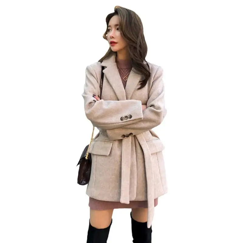 

Women 2019 Spring Autumn Casual Slim Woolen Coat Female Thick Warm With Belt Long Sleeve Overcoats Ladies Elegant Solid Coat L54