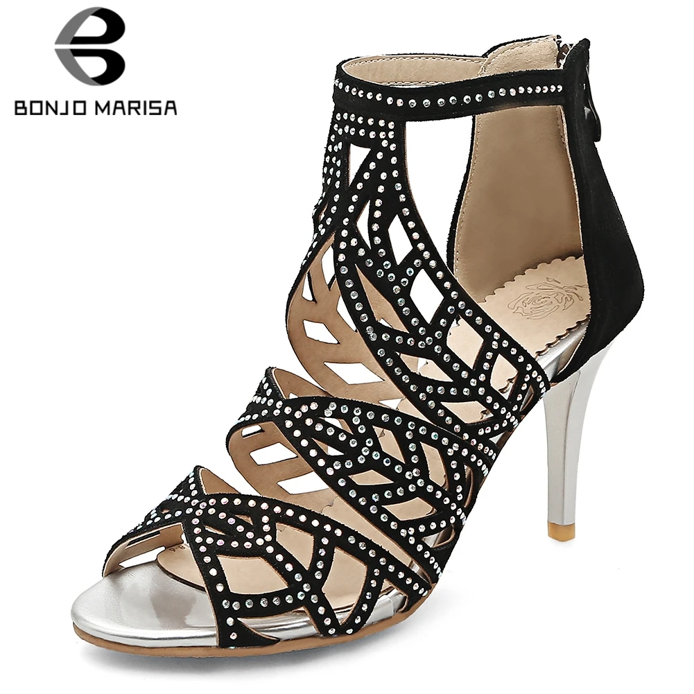 

BONJOMARISA New Sexy Thin High Heels Sandals Woman Summer Peep Toe Ankel Wrap Zip Sandals Women Shoes Woman Plus Size 31-48