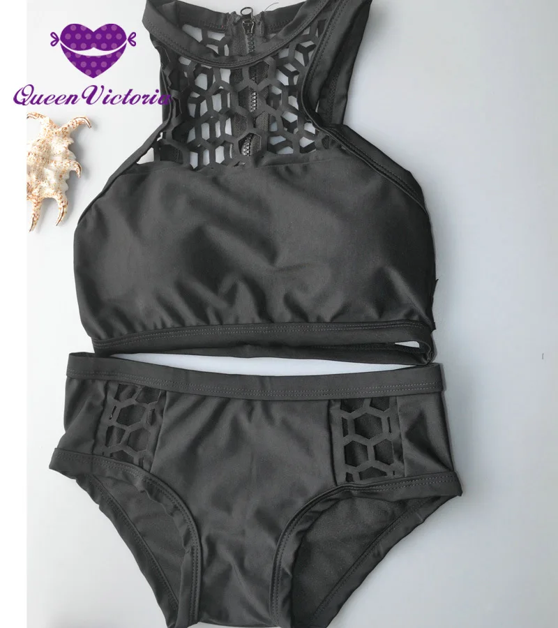 

NEW Hollow out CROP TOP swimsuit women Sexy triangle Bikini Beach swimwear Small breasts bikini TWO Pieces ZIP With Pad