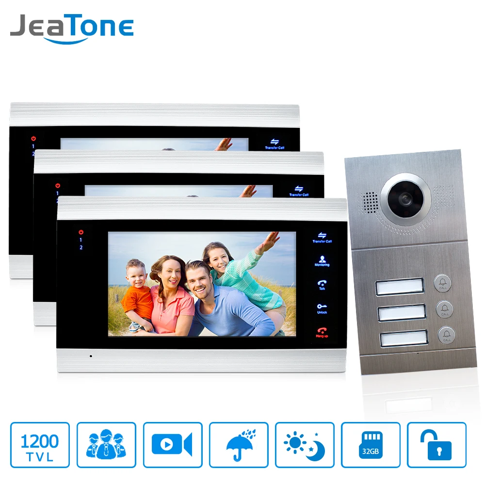 3 Apartments 7\ Multi Apartment Video Door Phone System Video Intercom Doorbell System 1200 TVL Camera Touch Key for 3 Families