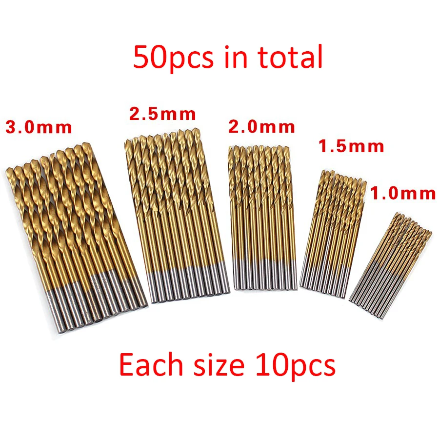 

50pcs Micro HSS Titanium Electric Auger Spiral Twist Drill Bits Set 1.0-3.0mm