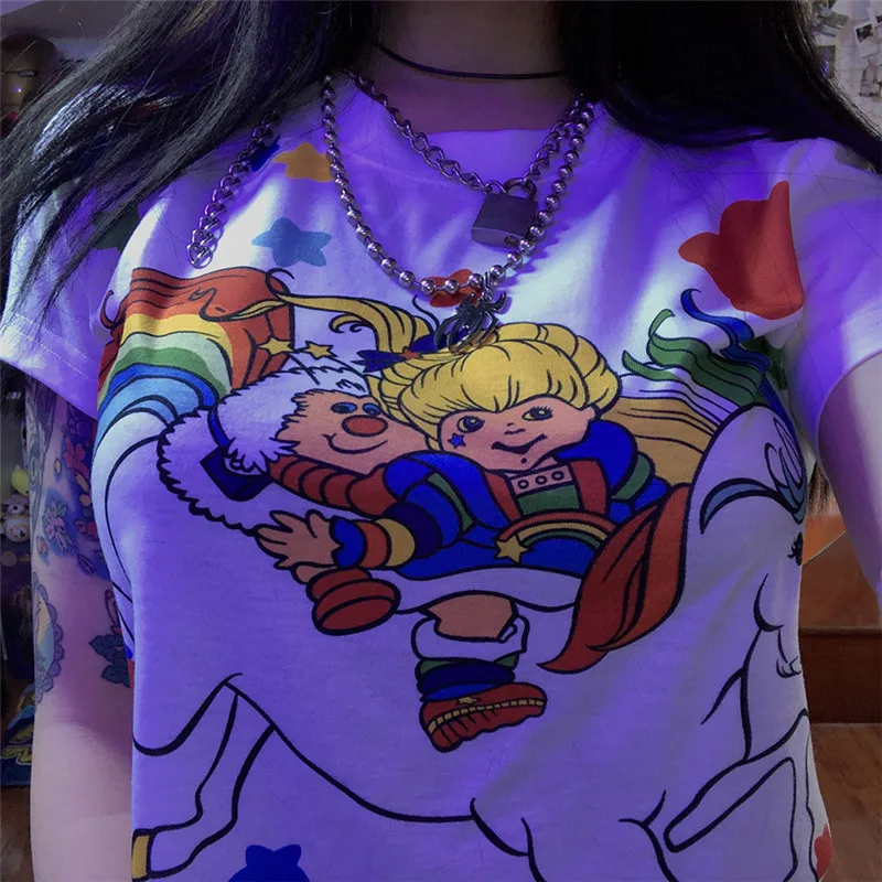 

Harajuku Girl Cartoon Printed T Shirt Women Summer White O-neck Short Sleeve Tee Top Fashion Casual Cropped T Shirt Female