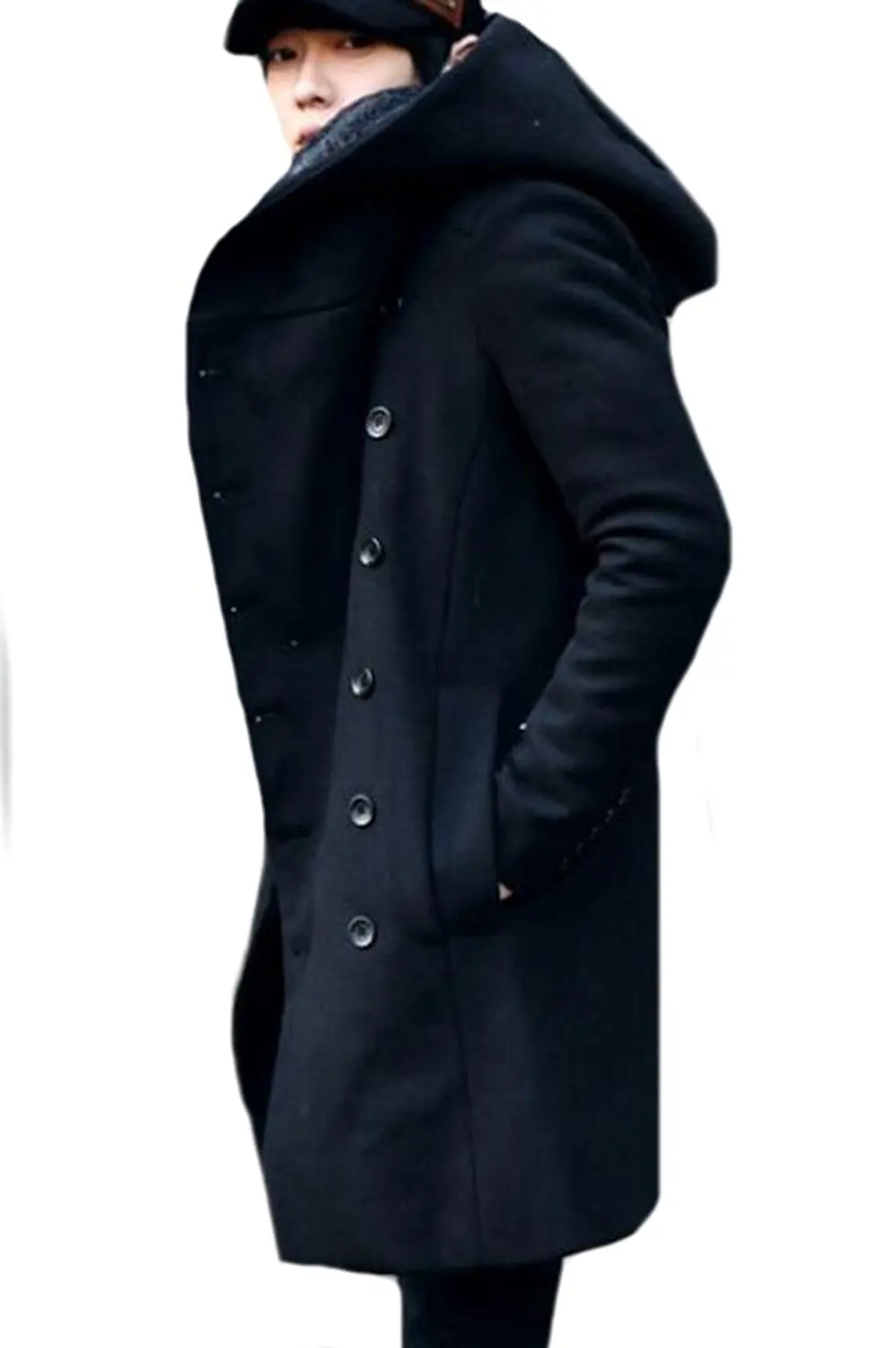 Binn Men's Fashion Double Breasted Slim Fit Pea Coat With Hoodslim fit