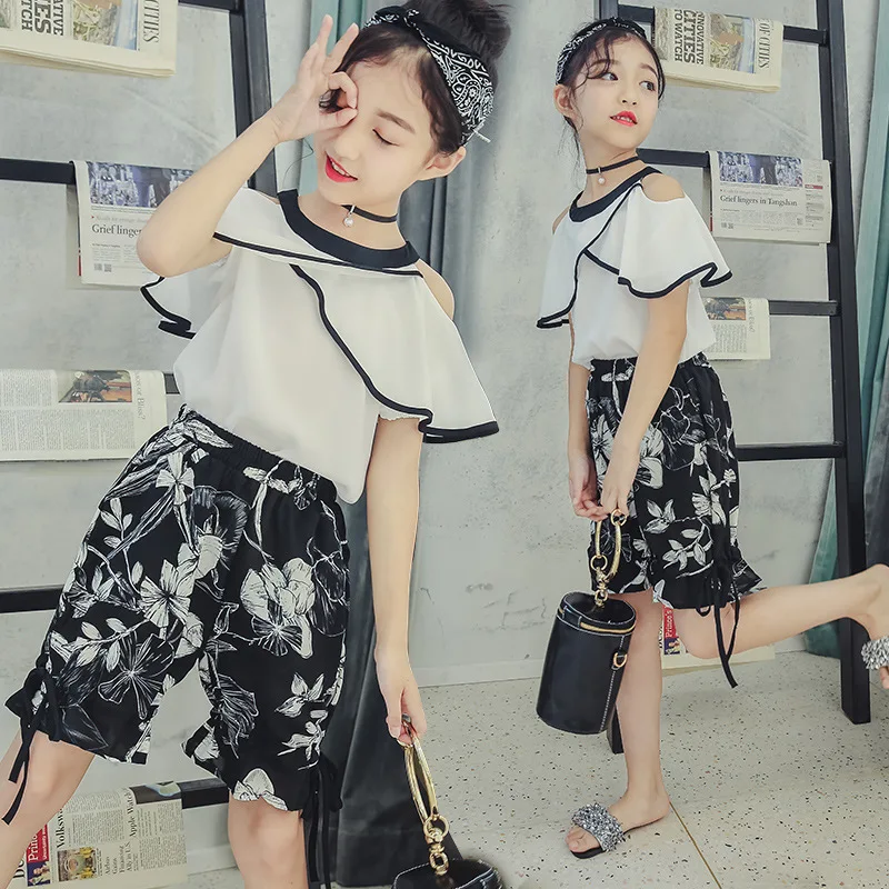 

Kids Girls Chiffon Summer Clothing 2 Pcs Off Shoulder Top & Black Print Shorts Sets Children's Clothes Outfits Age 5 6 9 12 15