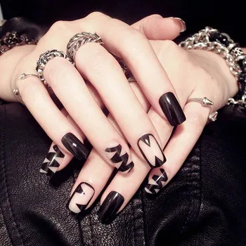 

Full Cover Square Head Nail Art Tips with Glue Geometric Printing Fake Nails Girls Fashion Transparent Black Acrylic False Nail