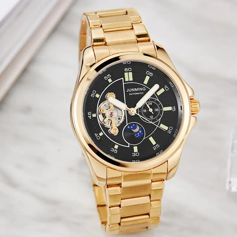 

Luxury Golden Automatic Mechanical Men Watch Skeleton Moon Phase Stainless Steel Bracelet Self-wind Wristwatches For Male Clock