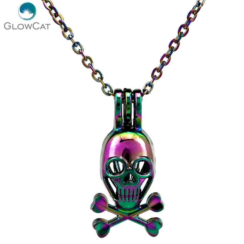 C214 цвета радуги разноцветные череп бусины клетка кулон ожерелье ароматическое эфирное масло диффузор ожерелье