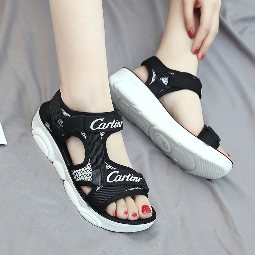 

Women's mesh Breathable letter sandals Casual Hook & Loop peep toe Shoes 2019 Summer Flat-Heeled beach Sandals Loafers Outdoor