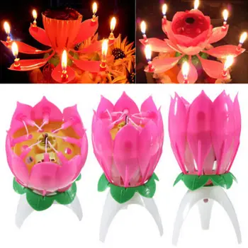 

Magic Musical Lotus Flower Flame Candle Birthday Cake Party Lamp Surprise Gift Lights Rotation Decoration Open Lotus