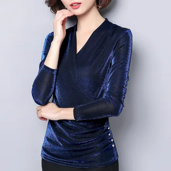 

2018 Europe Spring Women's Fashion Slim Sexy V Neck Office T Shirt Tops Female Casual Elegant Bling Bling OL Shirts Tees Brand