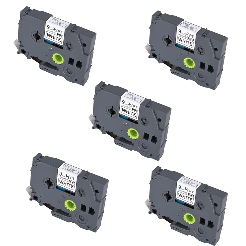 

5x Black On White 9mm 8m Adhesive laminated ribbon Cartridge Label Tape Replacement For Brother TZe-221 P-Touch Maker Printer