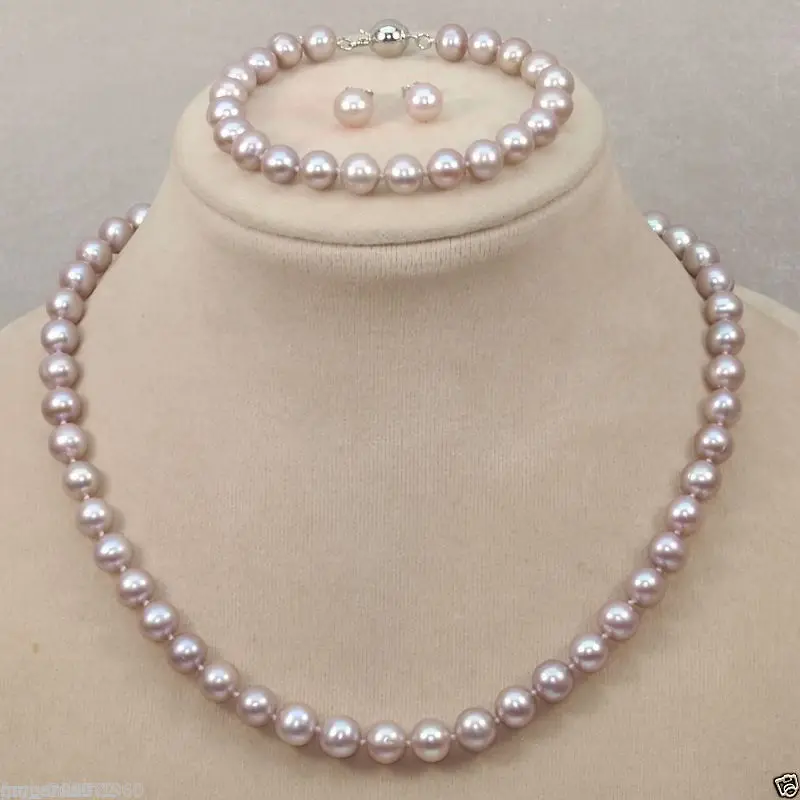 

Hot sale new Style >>>>8-9mm Genuine Natural Freshwater Purple Pearl Necklace Bracelet & Earring Set
