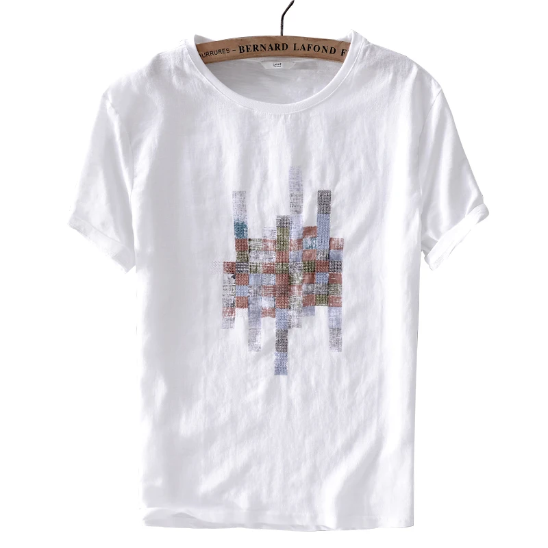 

Brand new linen and cotton stitching white t shirt men solid casual o-neck t-shirt mens fashion tops tshirt men chemise camiseta