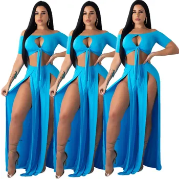 

2019 Women Crop Top And Split Long Skirt Plus Size Two Piece Set 2019 Summer Short Sleeve Hollow Out Solid Outfits