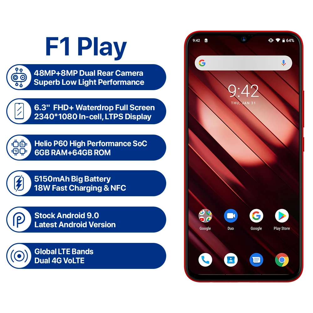  UMIDIGI F1 Play Android 9.0 6GB RAM 64GB ROM 48MP+8MP+16MP Cameras 5150mAh 6.3