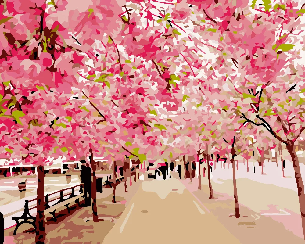 Hq Arbre A Fleurs Rose De Printemps Peinture Acrylique Murale Par Numeros Dessin Par Numeros Coloriage Par Numeros Cadeau Unique Aliexpress