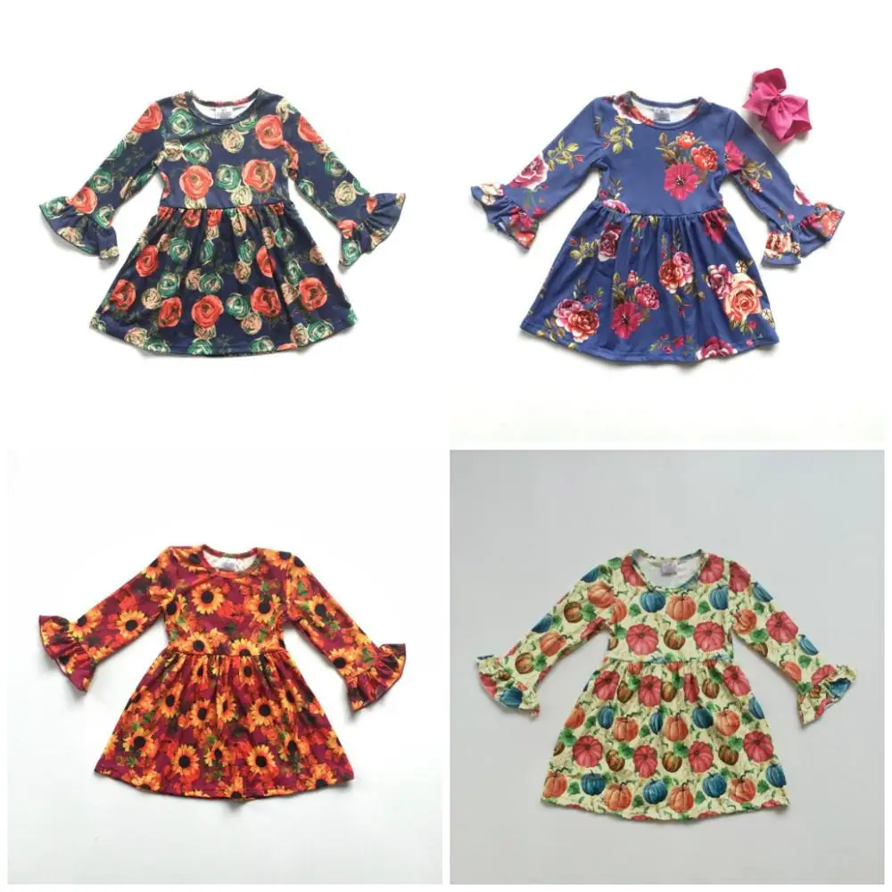 Осенне-зимнее хлопковое платье из молочного шелка с длинными рукавами для маленьких девочек, бутик детской одежды, Хлопковое платье с цветочным принтом, с оборками до колена