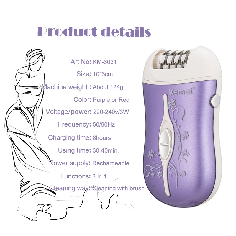 Kemei 3 в 1 перезаряжаемый эпилятор, электрический эпилятор для удаления волос, депилятор, средство для удаления мозолей и омертвевшей кожи, бритва для волос, инструмент для ухода за ногами