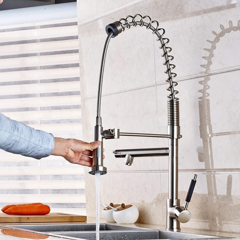 

Large Spring Pull Down Dual Spouts Kitchen Faucet Deck Mounted Vessel Mixer Tap