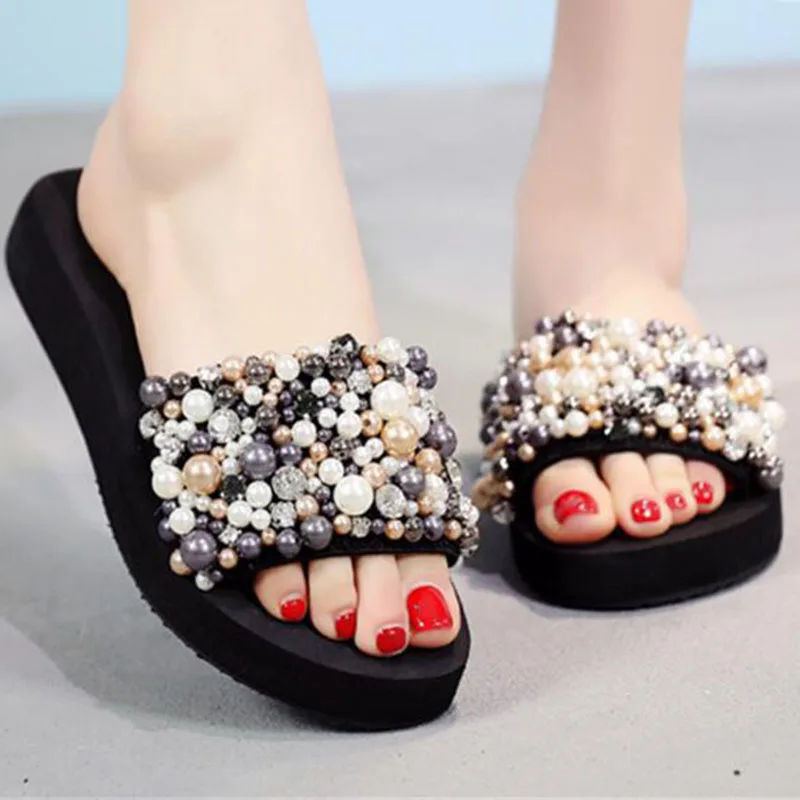 Chanclas con perlas para mujer, zapatillas y sandalias de estilo moderno,  cómodas e informales, zapatos de playa, ZSQ18|Chancletas| - AliExpress