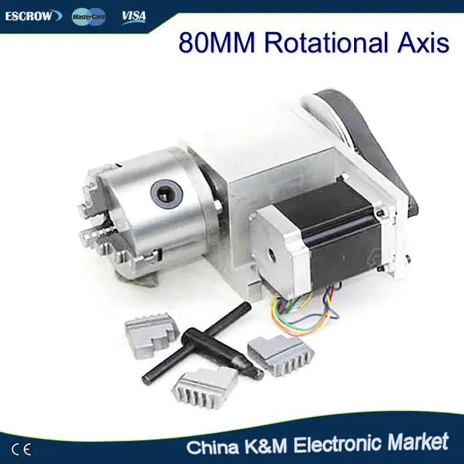 

Free shipping CNC Engraver Rotational Axis, 65mm 4th axis for cnc engraving machine, 80MM 3-jaw chuck
