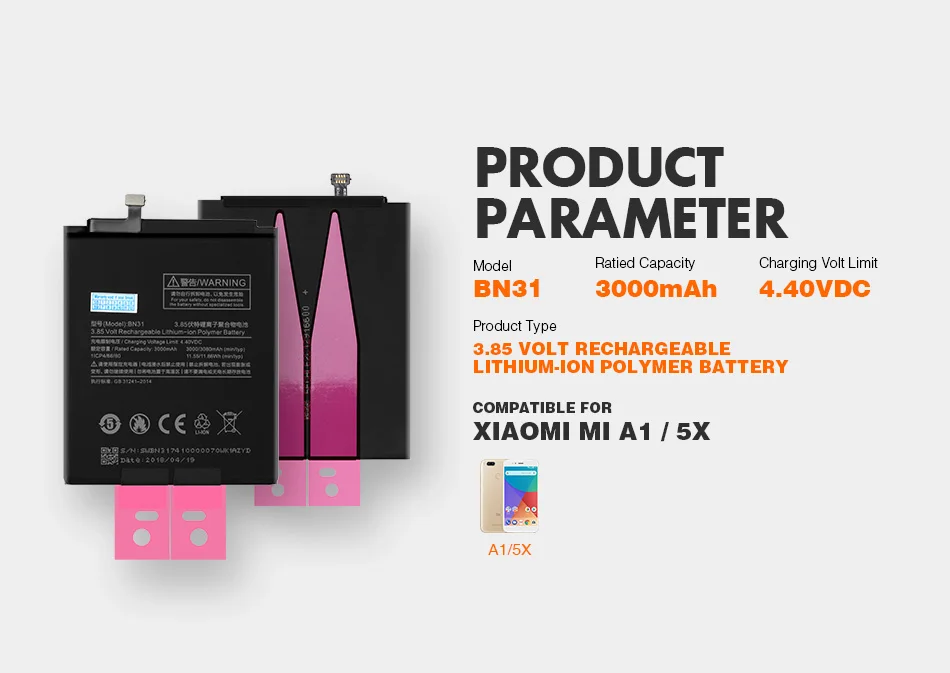 Батарея BN31 для Xiaomi Mi A1 протестированная батарея зарядки аккумуляторов 5X литий