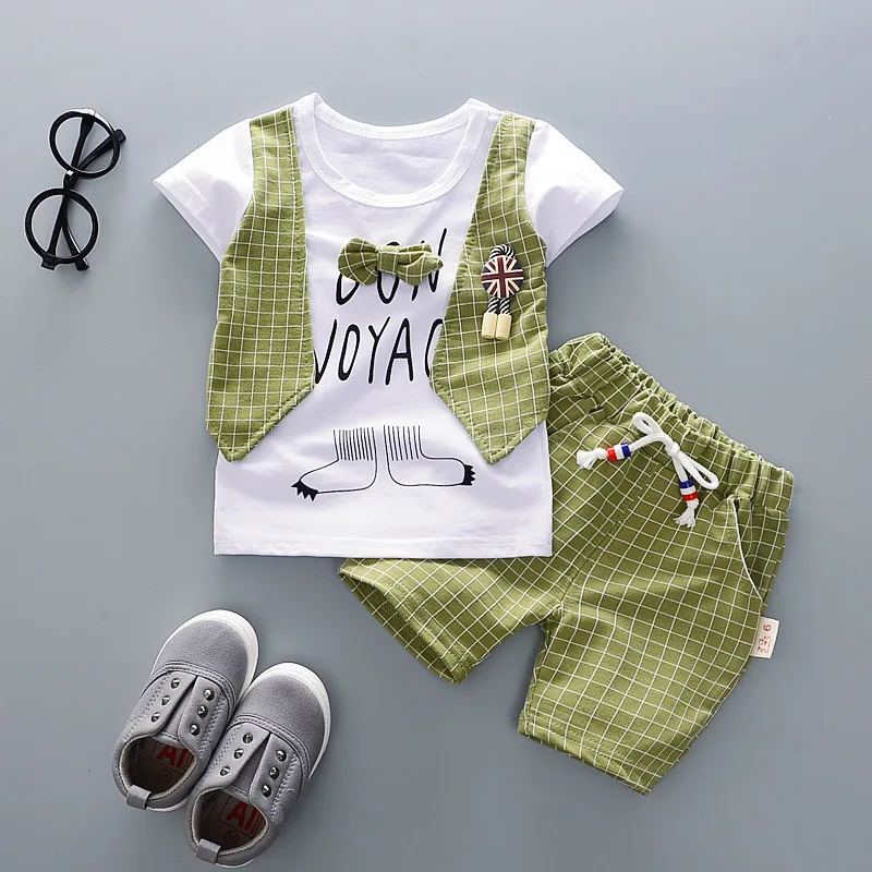Комплекты модной летней одежды для маленьких мальчиков и девочек детская футболка и шорты костюм джентльмена из 2 предметов комплект из чистого хлопка в английском стиле для малышей - Цвет: XH 2jiao green