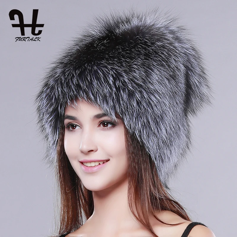 FURTALK женщины зимний мех hat подлинная фокс меховые шапки вязаные серебро лисий мех шапки женщина россии эксклюзивная модная меховая шапка для женщин