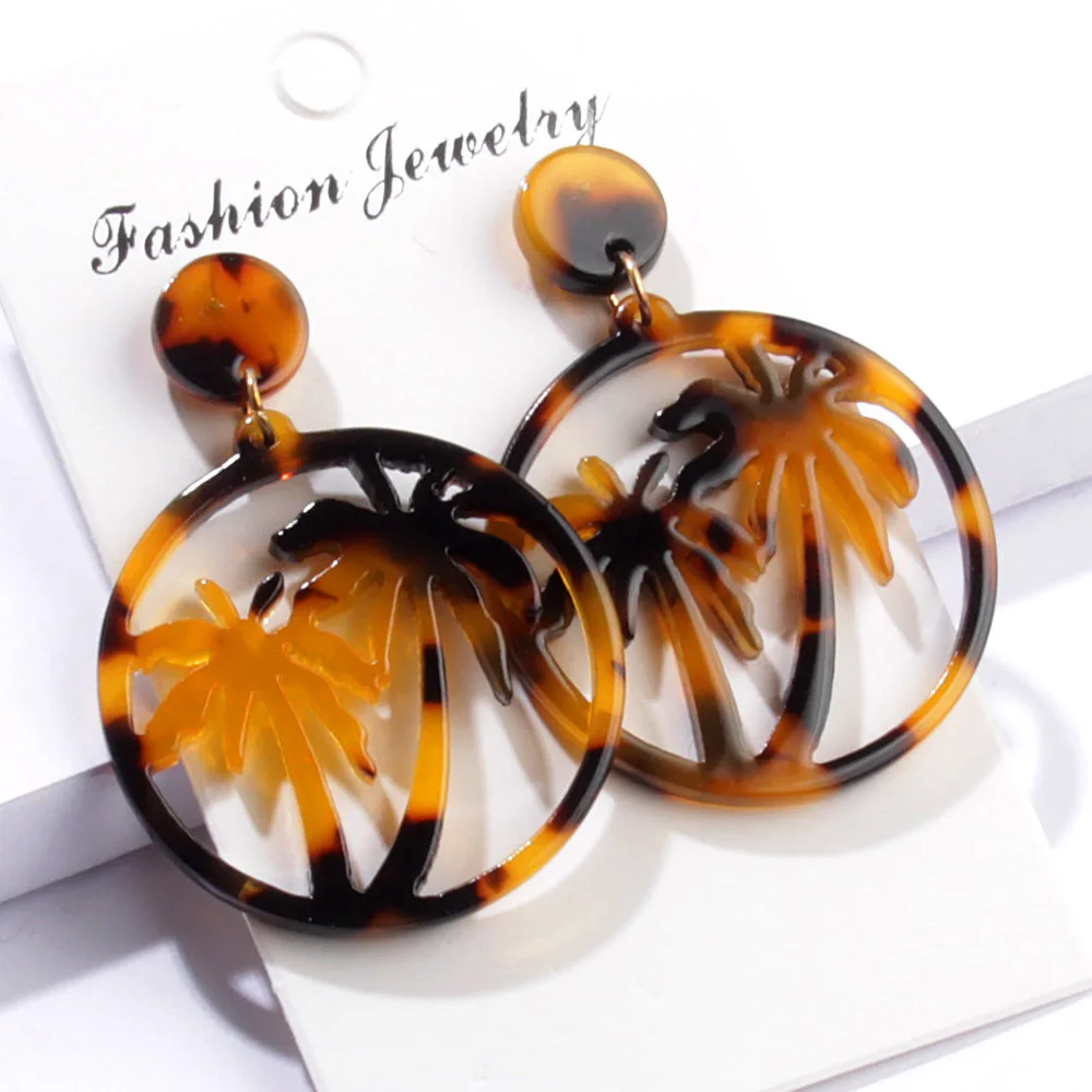 

Women Fashion Simple Female Coconut Palm Tree Dangle Earring Round Resin Circle Drop Earrings Jewelry