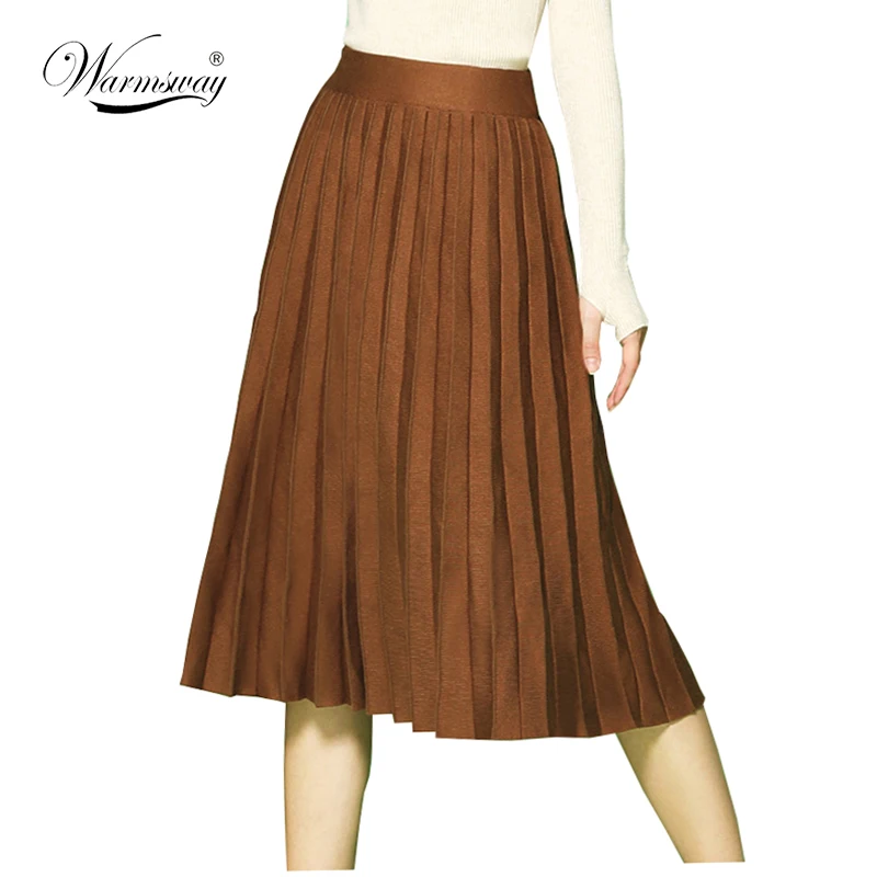 Brand Fall Winter Vintage Long Skirts Elegant Elastic Cotton Knit Vertical Stripe Pleated Skirt Femininas Saia Longa WS-030