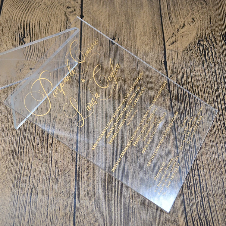  Gold screen printing acrylic wedding invitations with foil box - 33022895635
