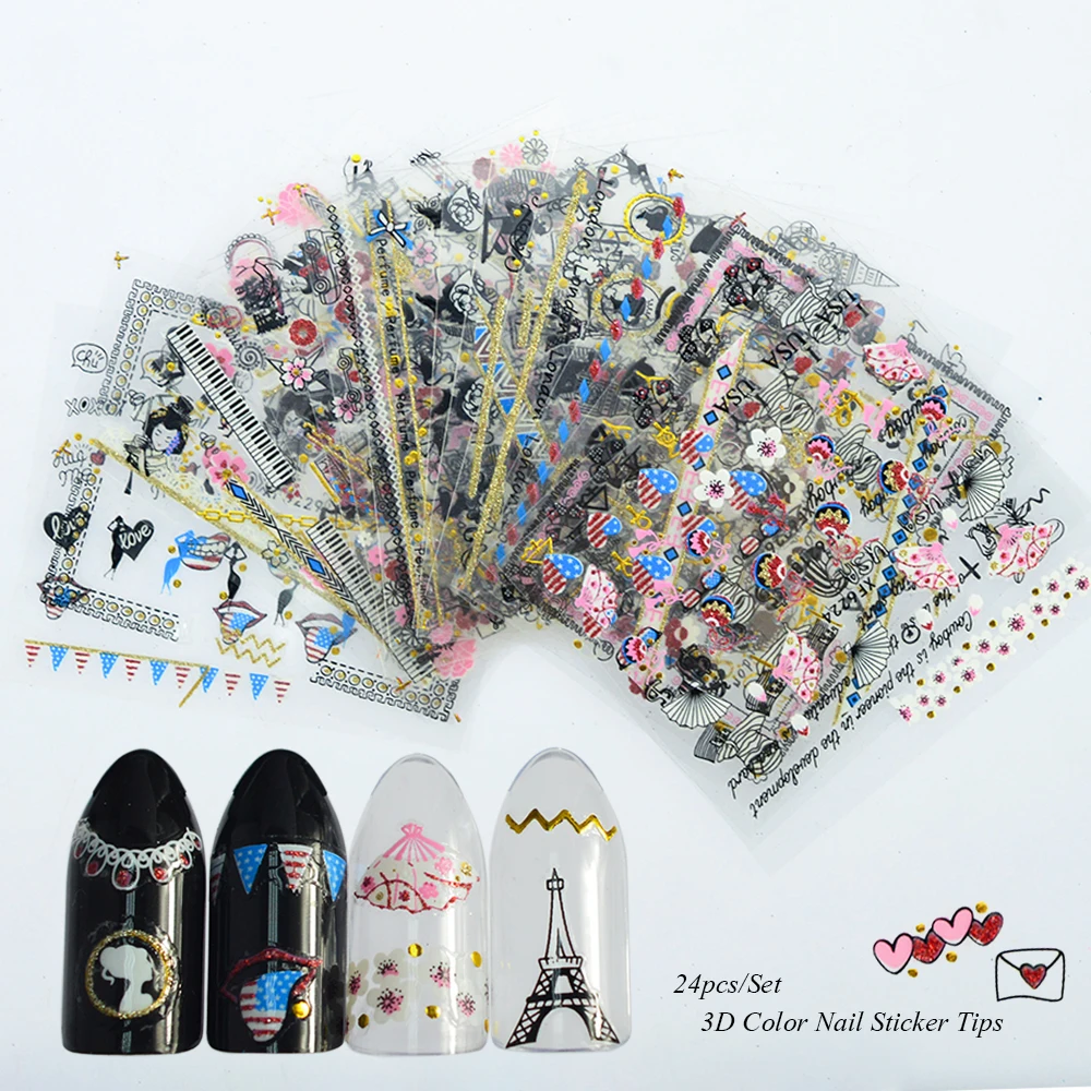 

24pcs Nail Sticker 3d Set Colorful White Black Slider Temporary Tattoos Adhesive Charms Bronzing Tips Nail Art Decoration SA336